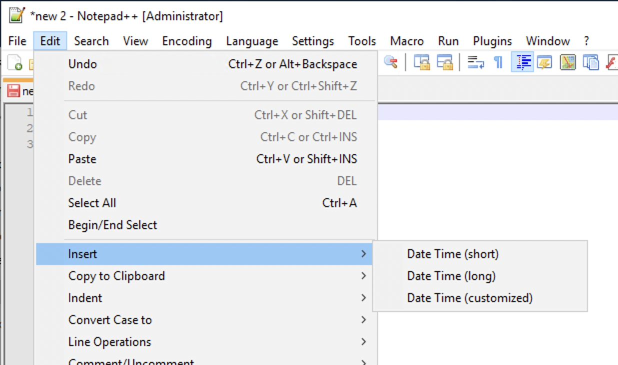 Insert Date Time Options in Notepad++